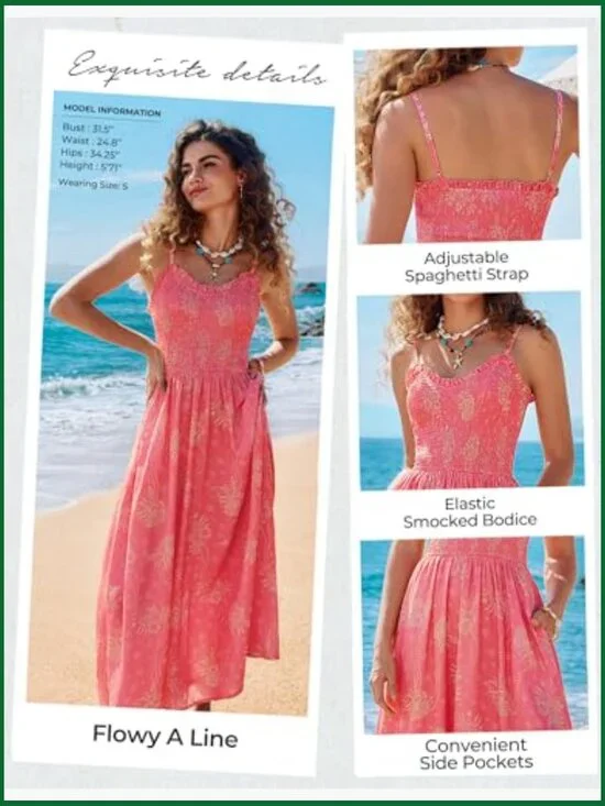 Floral Maxi Dress with Pockets, Spaghetti Strap, Wrinkle-Resistant Polyester - Picture 2 of 7